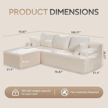 Modular L-Shaped 3-Seat Sectional | Memory Foam with Deep Seating & Storage Modules | Living Room Sofa