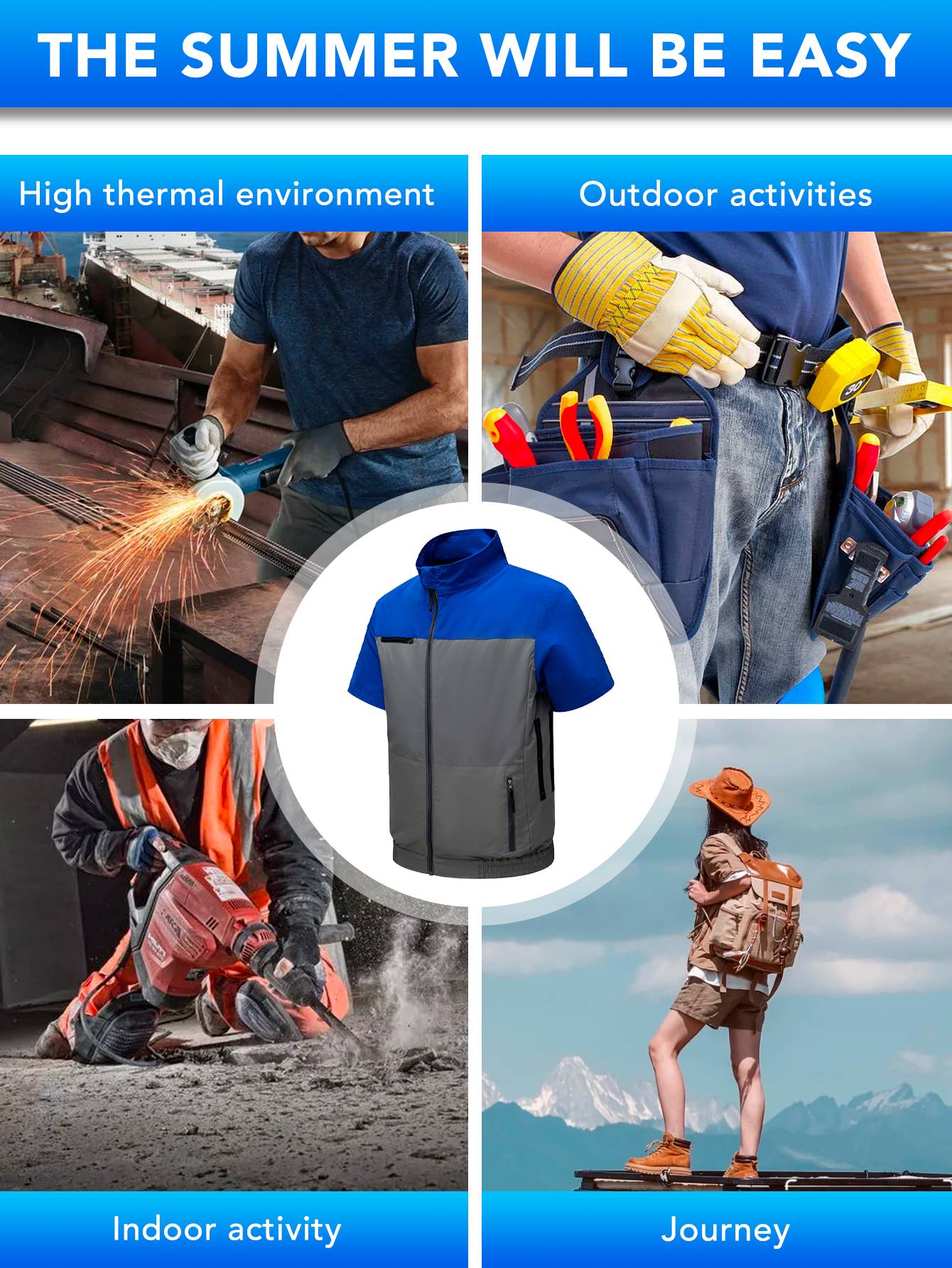 Short sleeved 4-hole fan suit?Three speed air volume regulation?With 4 fans,9-blade high-power fan?High air volume