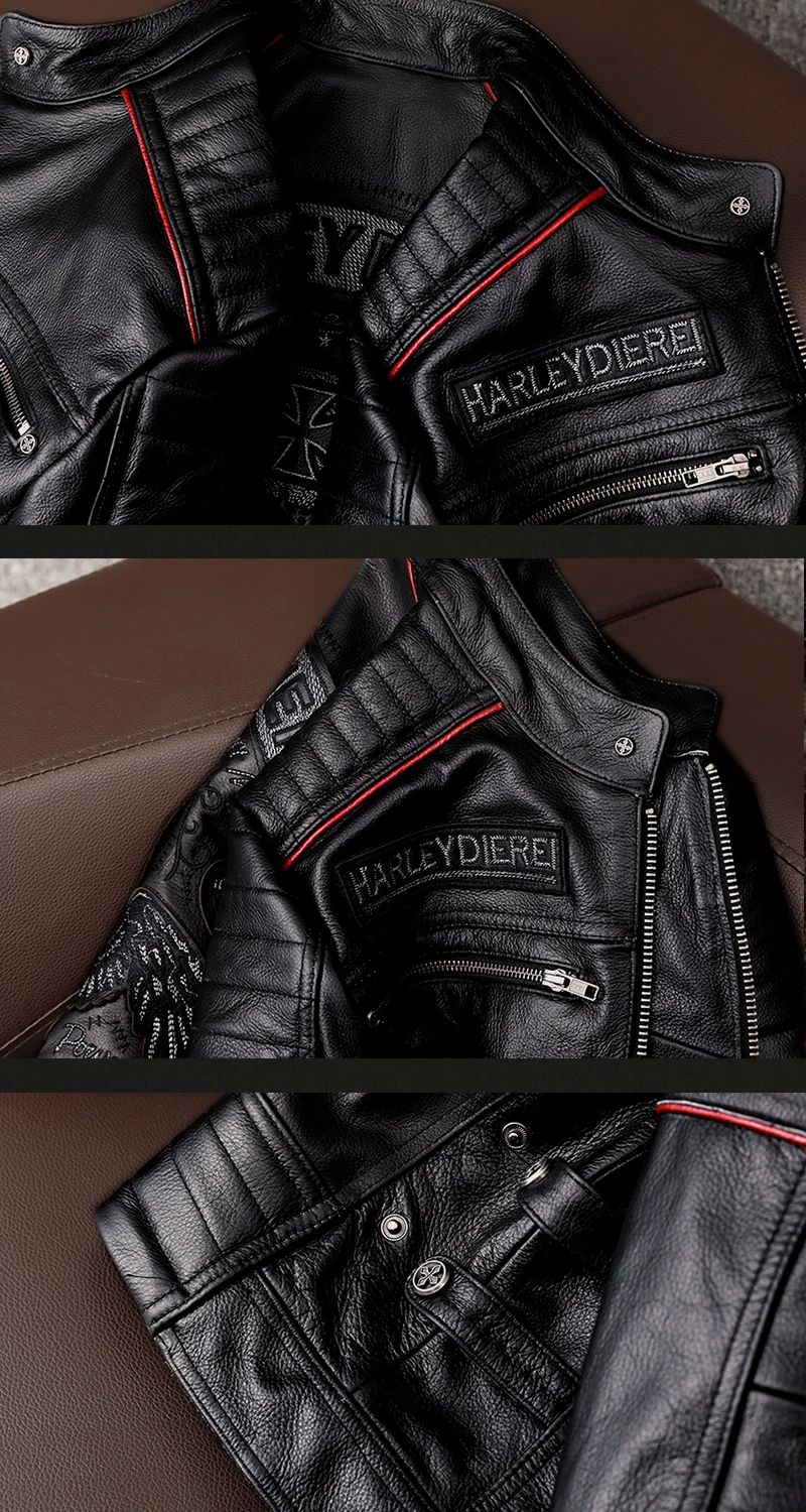 Men's Spring Original Leather Motorcycle Jacket 2025 Skull Embroidery Top Layer Cowhide Clothing Slim Fit Black Slim Male Coat