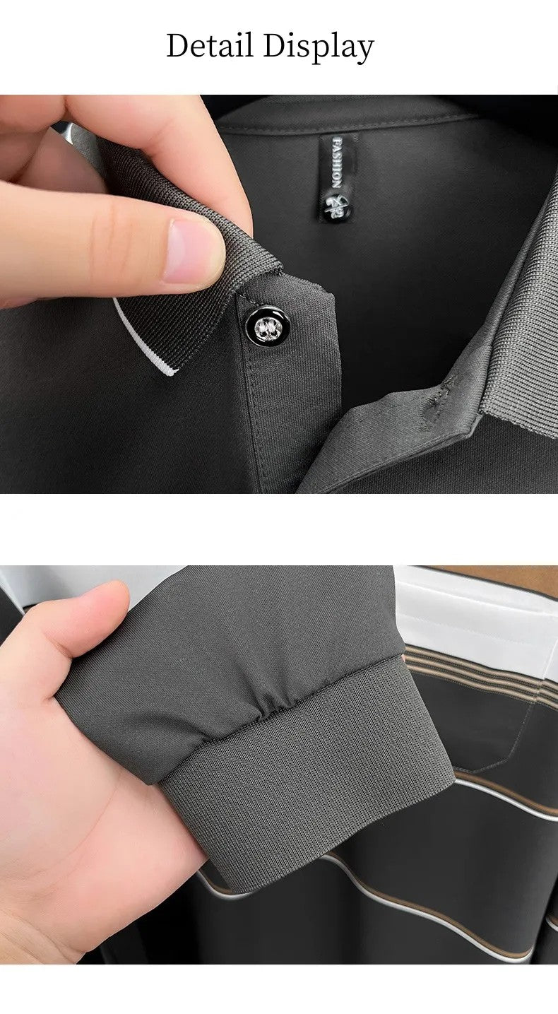 High quality stripe men's long sleeve polo shirt fashion luxury pocket middle-aged business casual color blocked comfort T-shirt