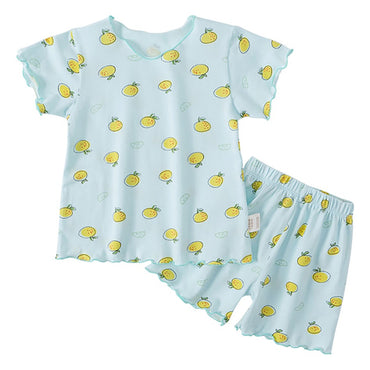 Girls Summer Pajama Sets Stylish Cartoon Pattern Printing Short Sleeve Top and Pants Made from Luxurious Cozy Ice Silk Material
