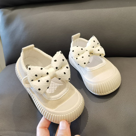 Girls Fashion Shoes Canvas Sneaker Kids Polka Dot Bow Princess Flats Breathable Baby Shoes Student Soft Sole Casual Spring Shoes