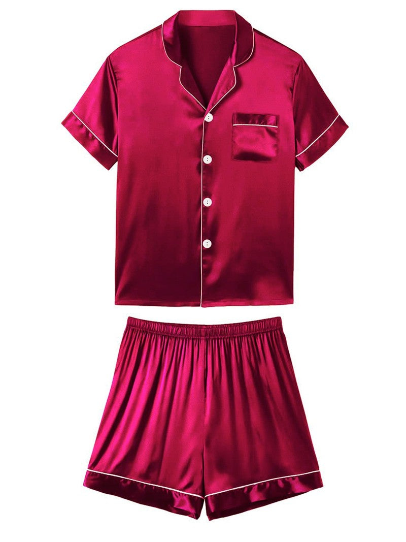 Men's Luxury Satin Pajama Set Short Sleeve Lapel Front Buttons Top And Elastic Shorts Comfortable Fit Loungewear Sleepwear Pjs