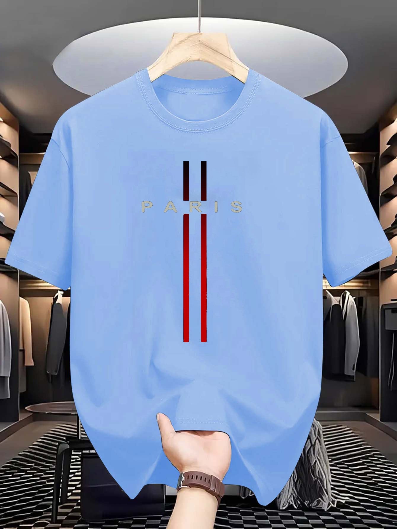 Men's 100% pure cotton summer casual loose fashion Paris letter printed comfortable round neck short sleeved T-shirt top