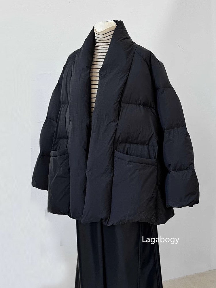 Lagabogy 2025 Winter Belt Waist-Tight Elegant Warm 90% White Duck Down Jacket Female Long Sleeve Solid Color V-neck Puffer Coat