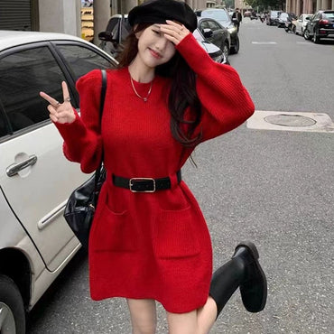 Autumn Winter Striped Knitted Dress Women Korean Fashion Double Pockets Short Dresses Ladies Casual Loose Long Sleeve Knit Dress