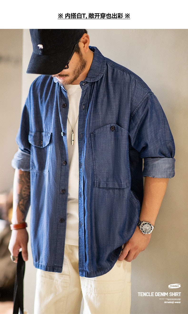 Maden 2023 Autumn Men's Vintage Tencel Denim Shirts Amekaji Lycra Long Sleeve CPO Shirt Jacket Uncle Fu Brand Luxury Jean Blouse