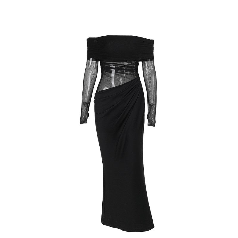 Y2k Summer New Solid Color Long Sleeve Off Shoulder Dresses Sexy Wrap Hip Mesh S