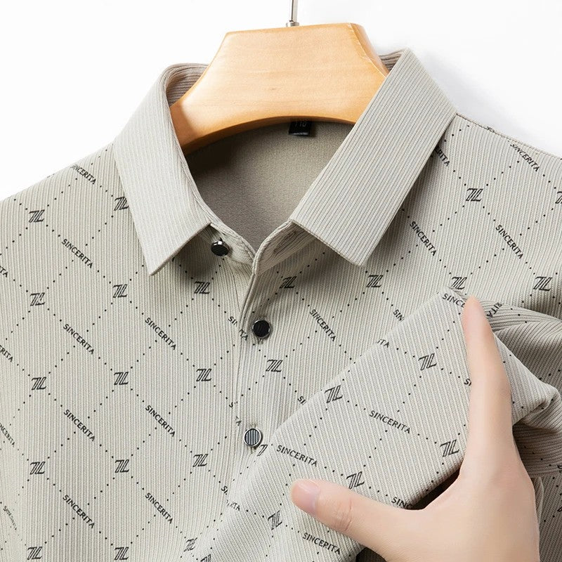 New Men's Business Casual Long Sleeved Shirt with Badge Solid Color Polo Shirt Fashionable Breathable Comfortable Versatile Top