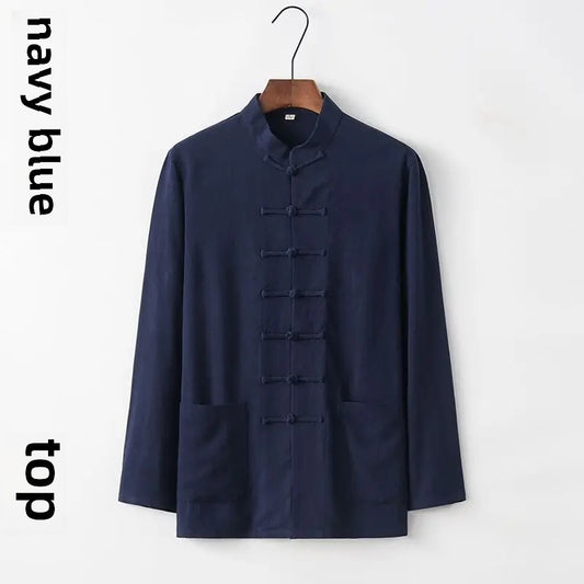 Spring Summer Long Sleeve Thin Men's Shirt Tang Suit Bamboo Cotton Linen Casual Vintage Chinese Style Kung Fu Tai Chi Tea Shirt