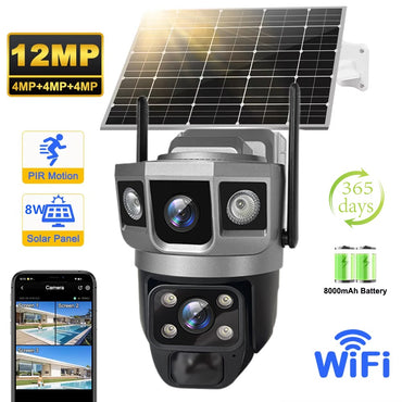 V380 Pro 12MP Solar WIFI IP Camera CCTV Two Lens Three Screen Auto Tracking Outdoor 6K Security Surveillance PTZ Camera