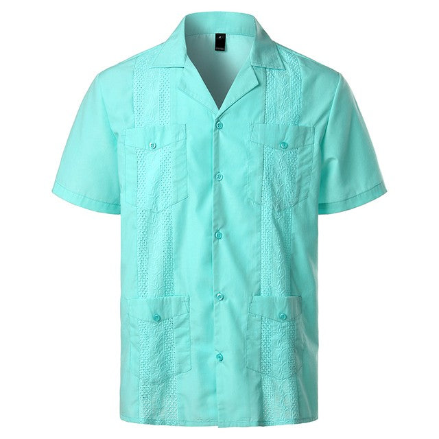 Men's Traditional Cuban Camp Collar Guayabera Shirts Short Sleeve Embroidered Mexican Caribbean Style Beach Shirts with 4 Pocket