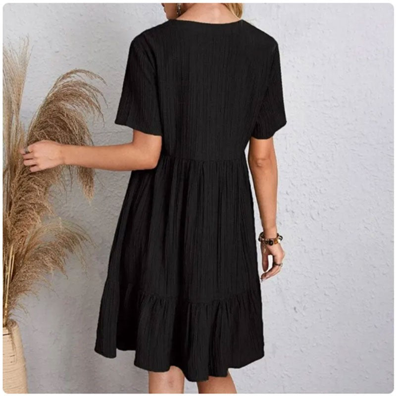 Women Summer Peplum Dresses Spring V-Neck Short Sleeve Loose Waist Ruffle Fit Fl