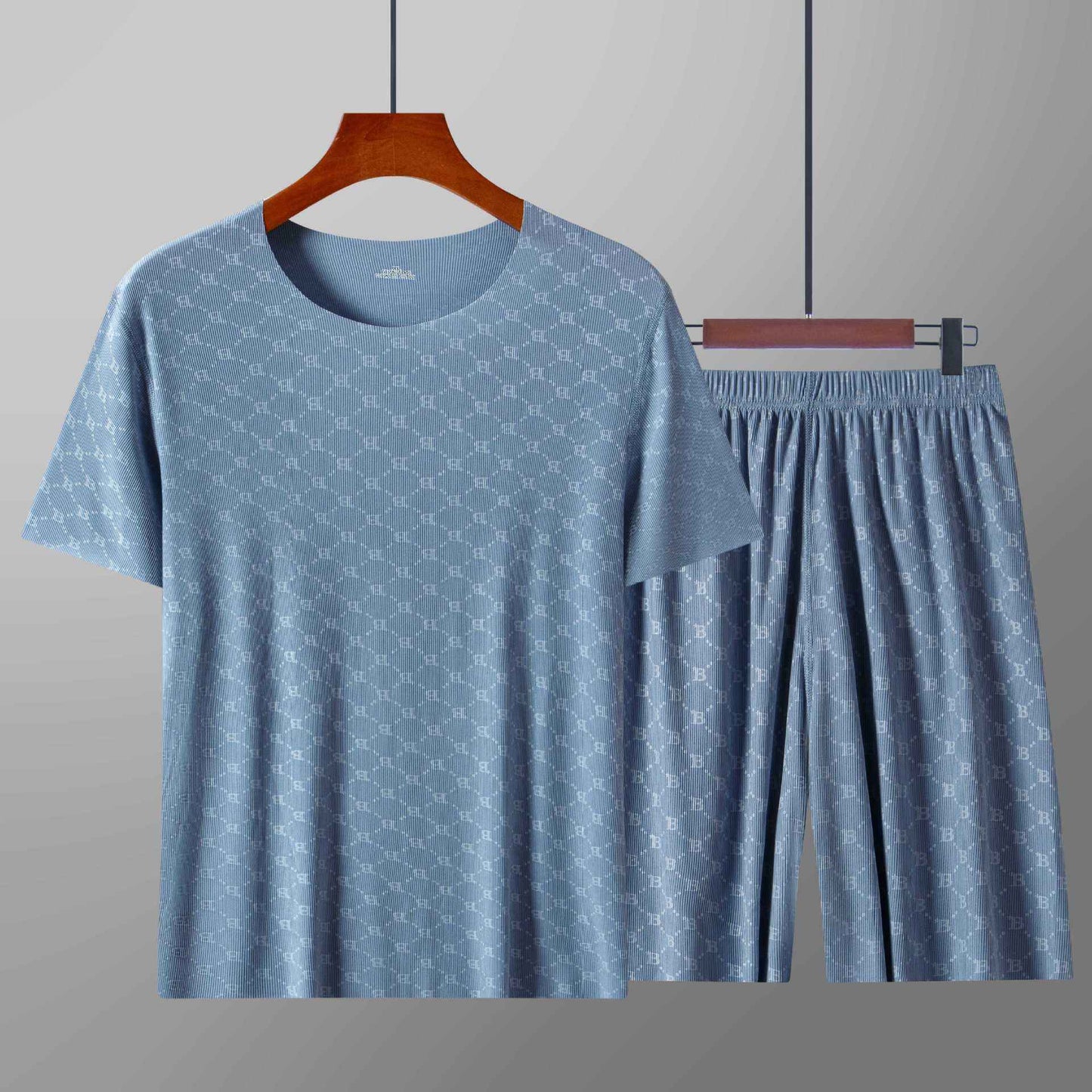 Summer Men's Pajamas Homewear Set Printed Ice Silk T-Shirt Short-Sleeved Modal Casual Pajamas Men's Pajama Trousers Thin Suit