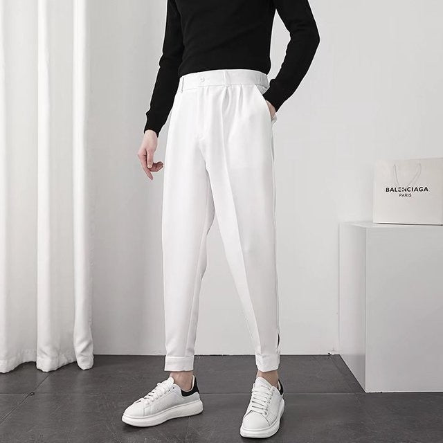 Fashion Men Pants Elastic Waist Small Feet Slim Korean Formal Pleated Tapered Male Blazer Suit Classic Pants Streetwear Trousers