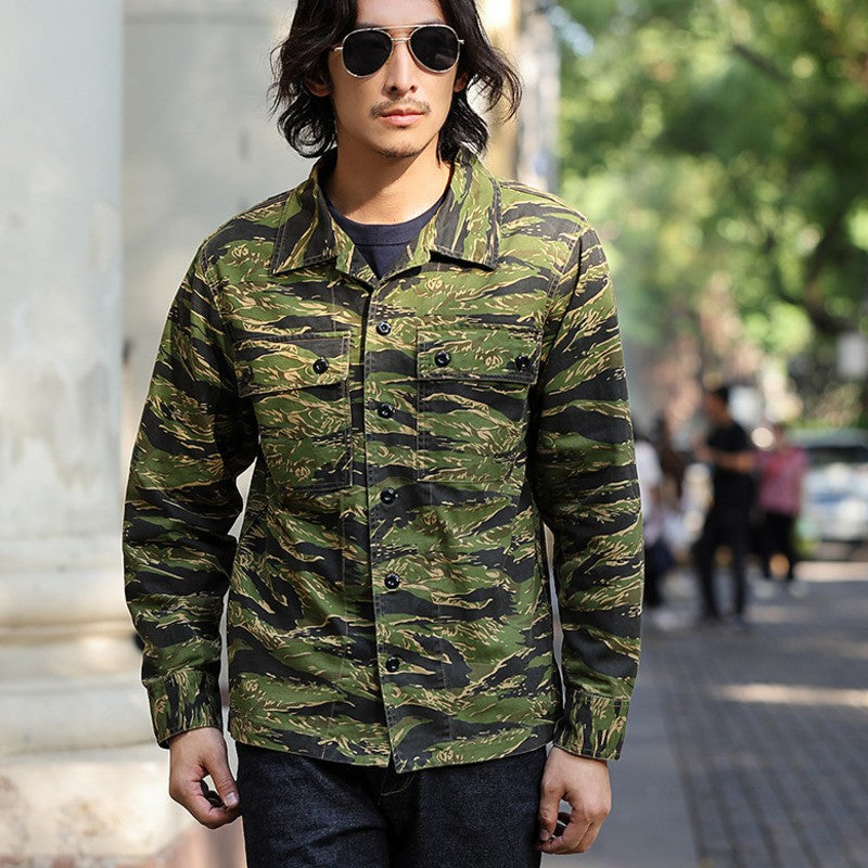 2025 Spring Men's Tiger Stripe Camo Camouflage Cargo Shirt Fashion Work Engineer Long Sleeved Shirt Jacket With Double Pockets