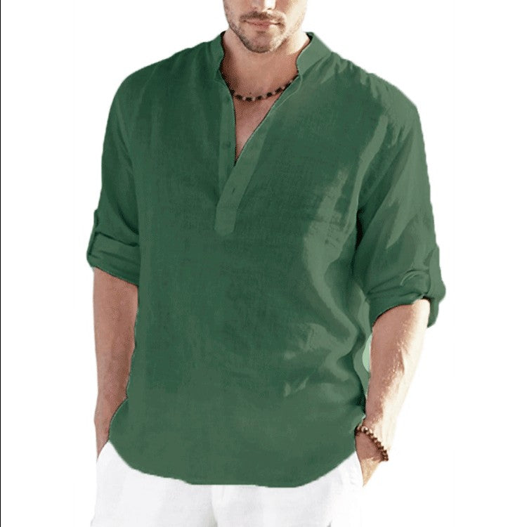 2023 New Men's Linen Long Sleeve Breathable Shirt Solid Color Casual Basic Cotton Linen Shirt Tops S-5XL