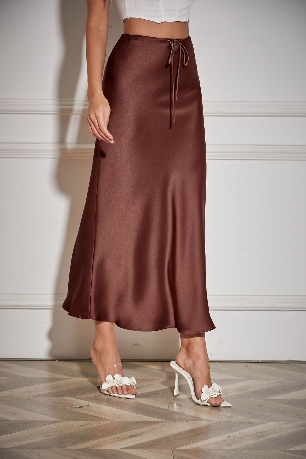 New In 2025 Spring Summer Solid Color Satin Long Skirt For Women High Waist Lace