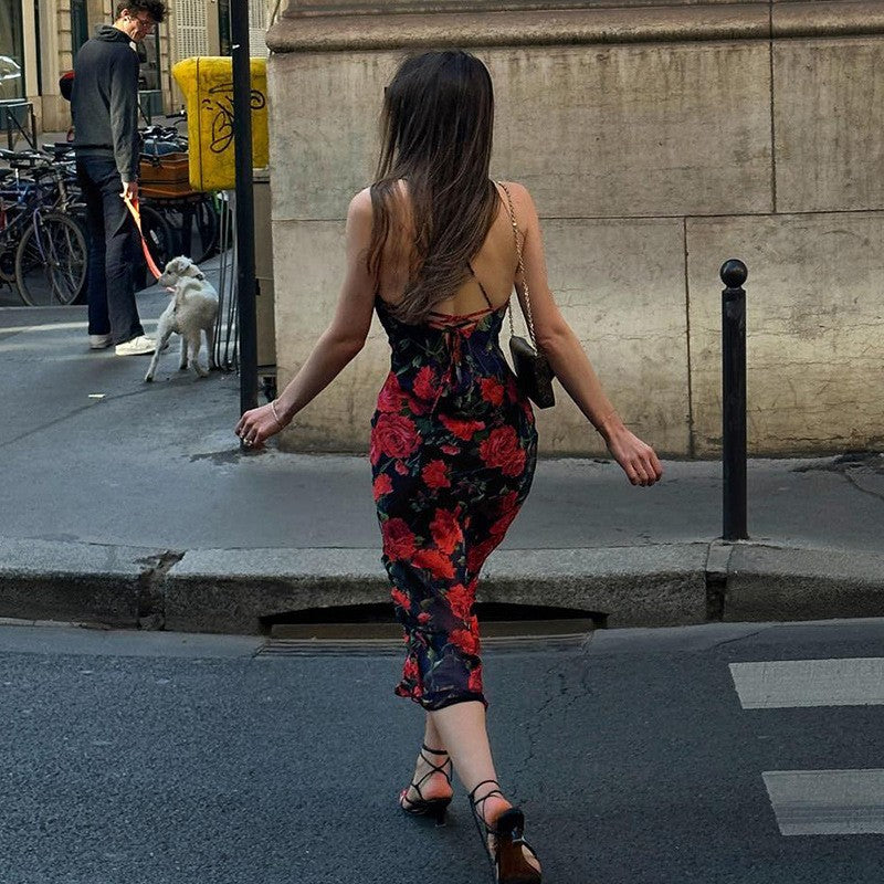 Flowers Print Spaghetti Strap Dresses Women Temperament Package Hip Bodycon Long