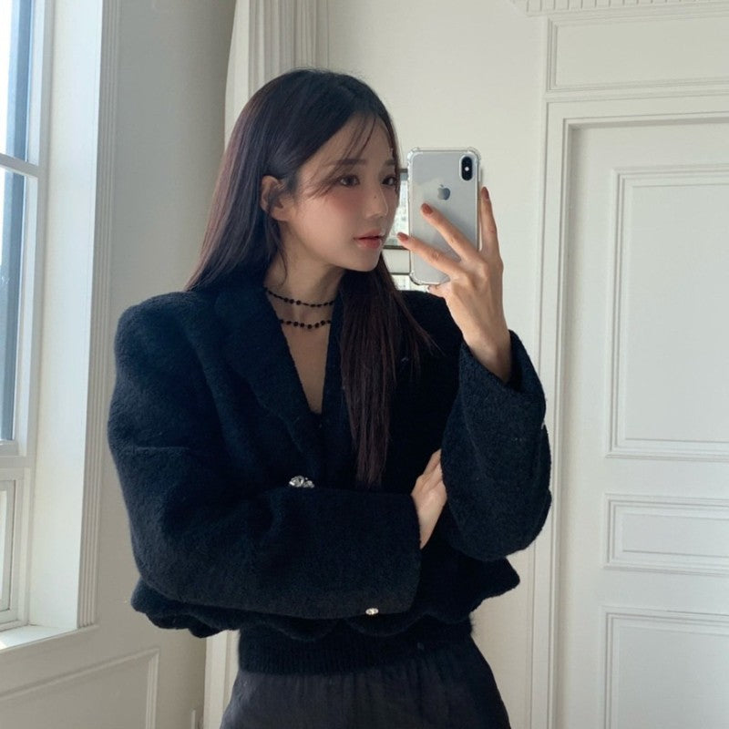 High-end Unique Button-down Woolen Cropped Coat Women Fall Winter Black White Jacket Vintage Design Long Sleeve Coats 2025