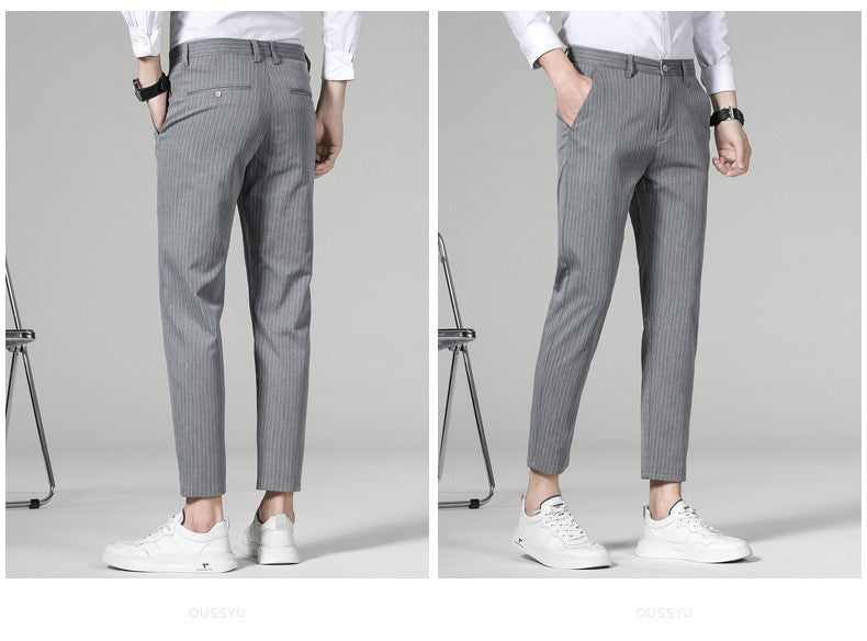 High Quality Plaid Stripe Ankle Length Pants Men Business Long Length Pant Straight Korea Grey Black Suit Formal Trousers Male