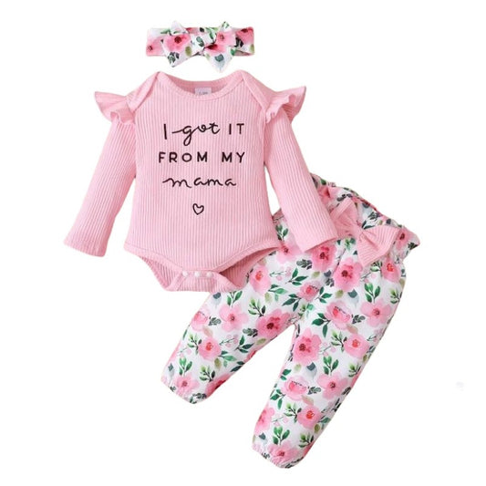 0-18M Baby Girl Pink Clothes Set Spring&Autumn Clothing Long Sleeve Bodysuit+Floral Pants+Headband 3PCS Toddler Fashion Outfits