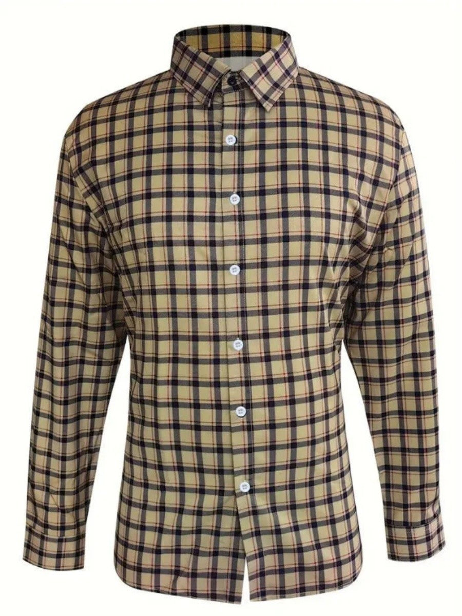 New men's spring-autumn check buttoned shirt - luxurious long-sleeved check shirt, large-sized lapel casual business blouse