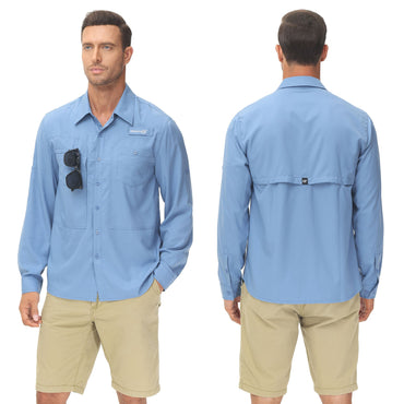 Summer Men's UPF 50+ Casual Long Sleeve Fishing Shirts, Lightweight Tactical Button Down Shirt with Breathable Back Mesh