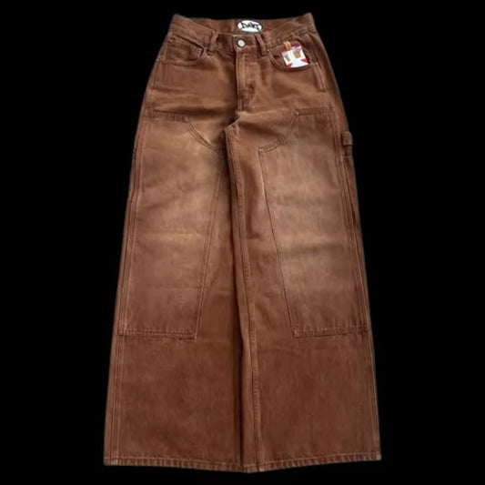 NOVOJeans Estampado Cartum Gótico Retrô Ceifador Vintage Masculino e Feminino Calça de Cintura Baixa Perna Larga Hip Hop Roupa