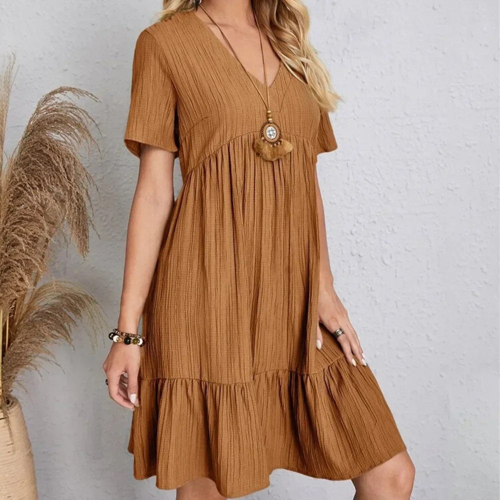 Women Summer Peplum Dresses Spring V-Neck Short Sleeve Loose Waist Ruffle Fit Fl