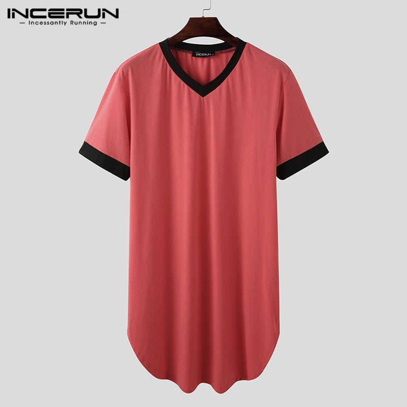 INCERUN 2024 Men Sleep Robes Short Sleeve V Neck Nightgown Patchwork Cozy Homewear Fashion Loose Mens Bathrobes Dressing Gown