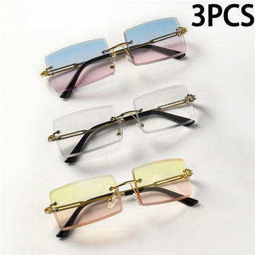 3PCS Fashion Rimless Sunglasses Women Trendy Small Rectangle Sun Glasses Summer Traveling Style Brown Shades for men