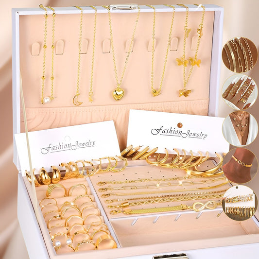 58PCS Set Maximum Mix Gold Plated Metal Jewelry Set Necklace Hoop Earrings Rings Bracelets for Women Accessories No Box Included
