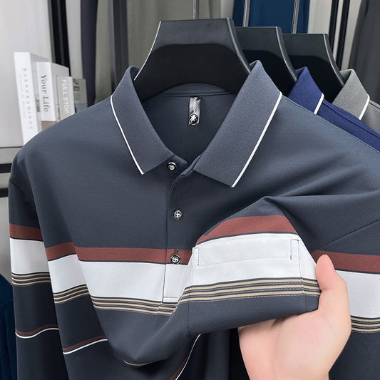 High quality stripe men's long sleeve polo shirt fashion luxury pocket middle-aged business casual color blocked comfort T-shirt