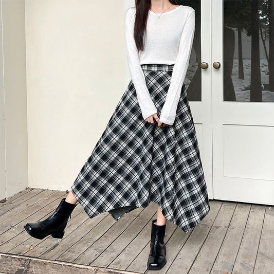 2025 Irregular Vintage Plaid Long Skirts Women Fashion Street High Waist Midi Skirt Woman Contrast Color Casual Pleated Skirts