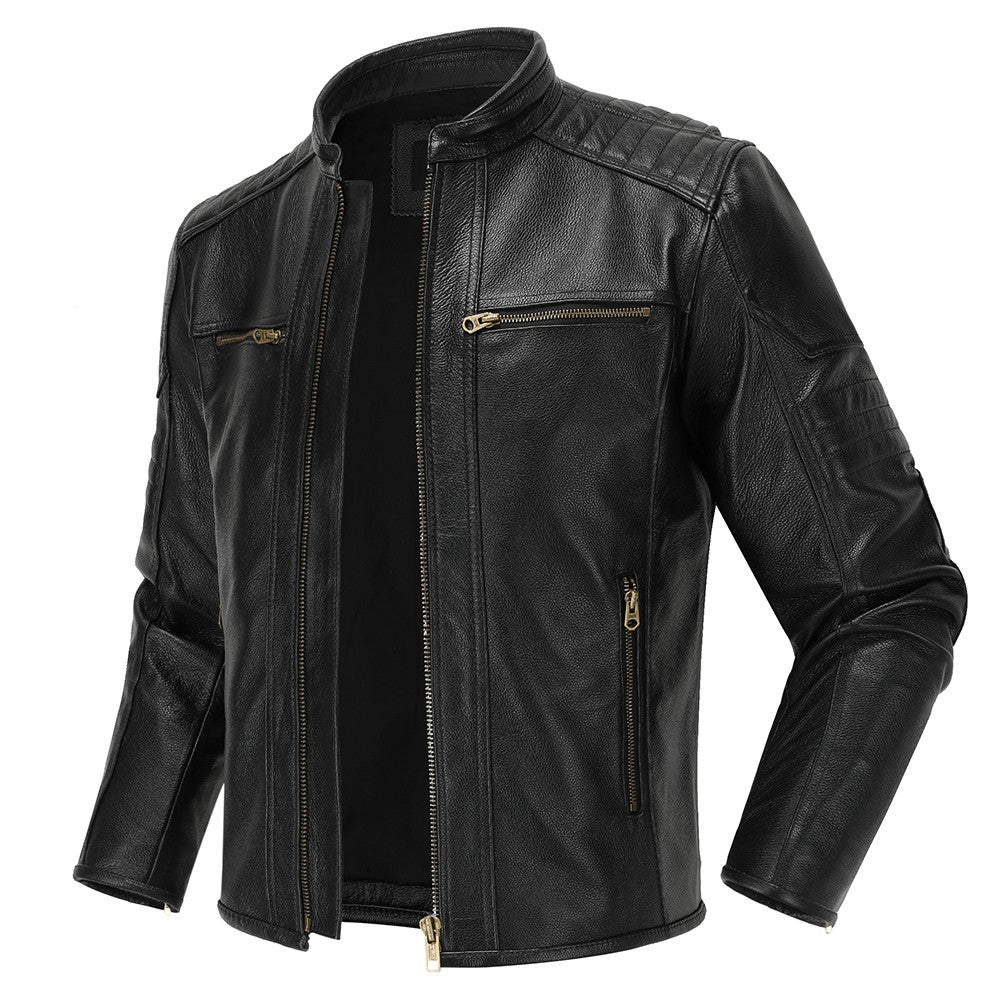 Men's Natural Leather Jacket First Layer Calfskin Stand Collar Motorcycle Jacket Retro Brown Cowhide Jacket Men‘s Biker Clothes