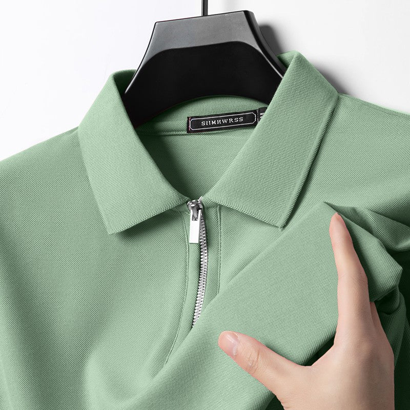 Summer New Men's Casual Slim Fit Polo Shirt Flip Collar Breathable Half Zipper Short Sleeve Top Solid Color Comfortable T-shirt