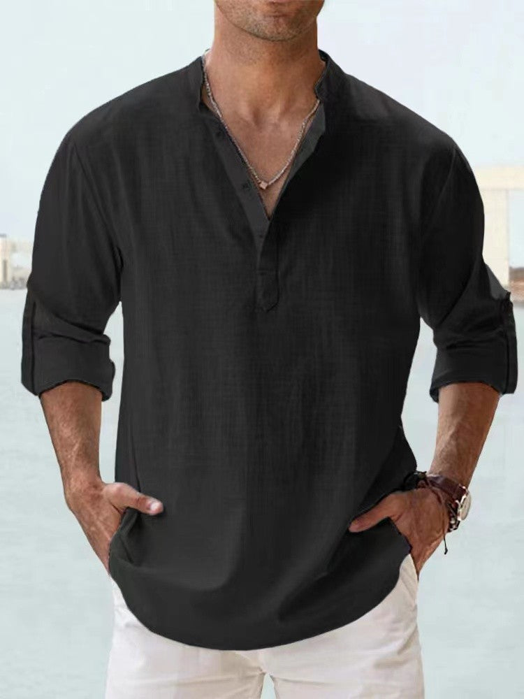 2023 New Men's Linen Long Sleeve Breathable Shirt Solid Color Casual Basic Cotton Linen Shirt Tops S-5XL