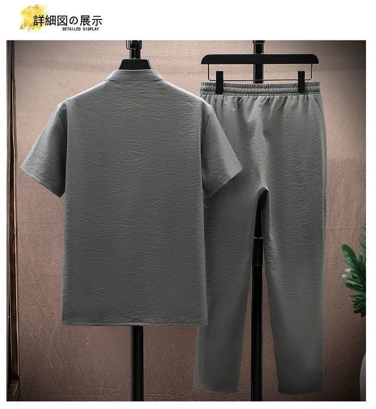 Summer New Fashion Solid Color Breathable Cotton and Linen Suit Men's Leisure Loose Sports Large Size High-Grade Two-Piece Set