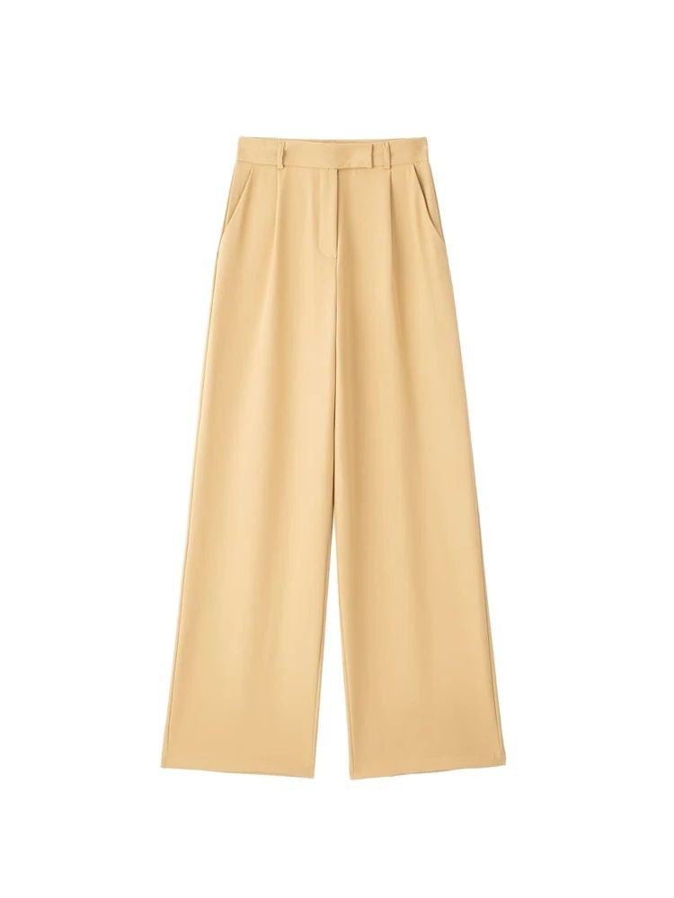 TRZA Women Fashion With Darts Front Pockets Wide Leg Pants Vintage High Waist Zi