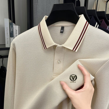 100Cotton Luxury Quality Men's Polo Shirt Striped Collar Breathable V-Print Long Sleeve Autumn Lapel T-Shirt Business Menswear