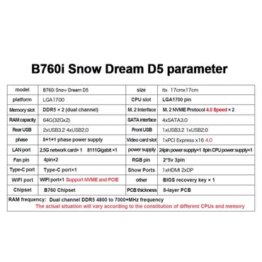 JGINYUE B760i Motherboard LGA 1700 Support Intel Core 12th 13th DDR5 Memory RAM Latest mini itx B760i-Snow Dream D5
