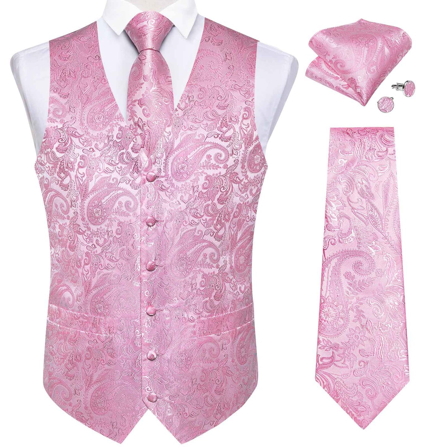 Luxury Paisley Men's Suit Vest Black Pink Red Wedding Prom Tuxedo Waistcoat Necktie Handkerchief Cufflink Sleeveless Jacket Vest