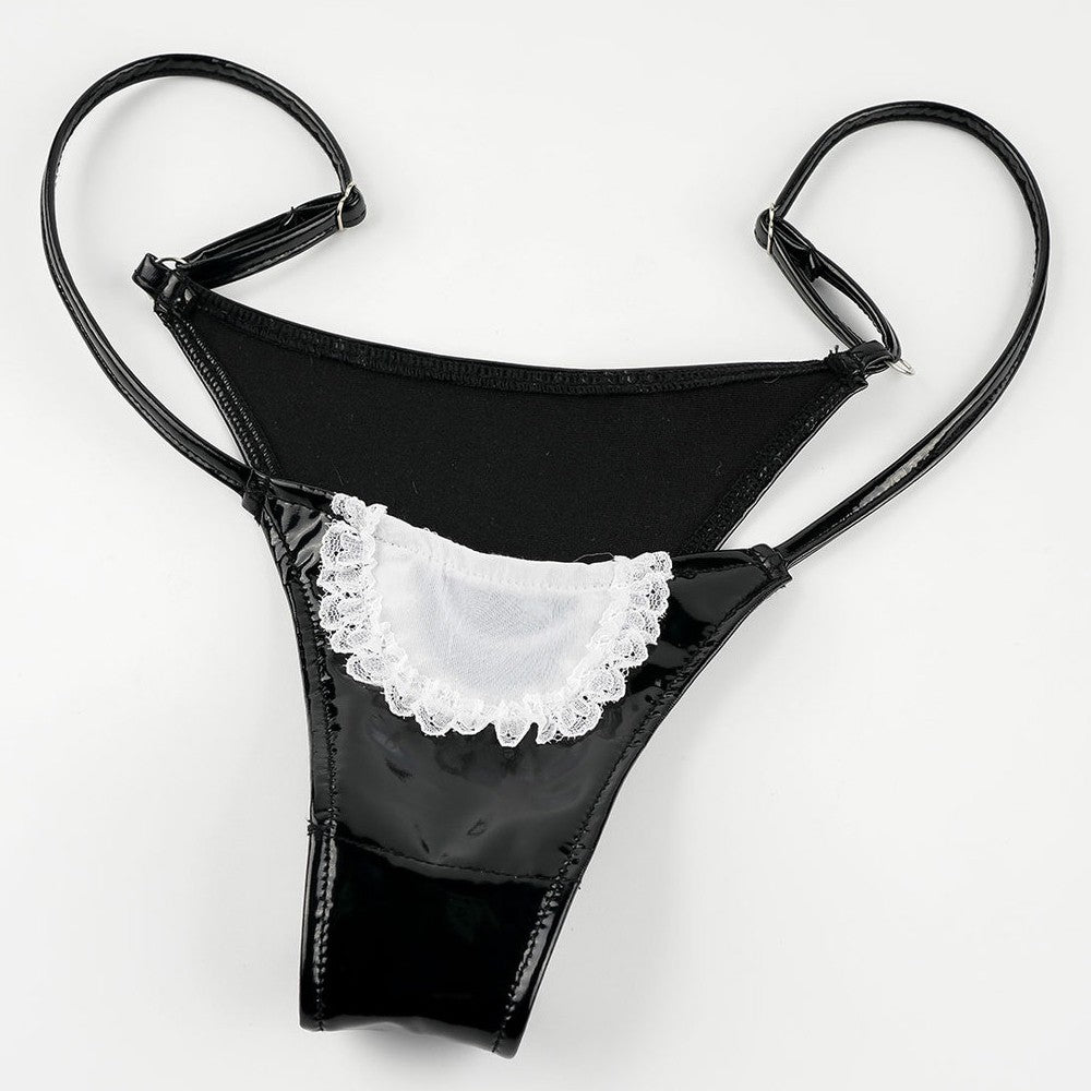 Cute lolita Bikini Sets Black Maid Bathing Suits Leather Bra With Lace Underwear Low Waist Swimsuit