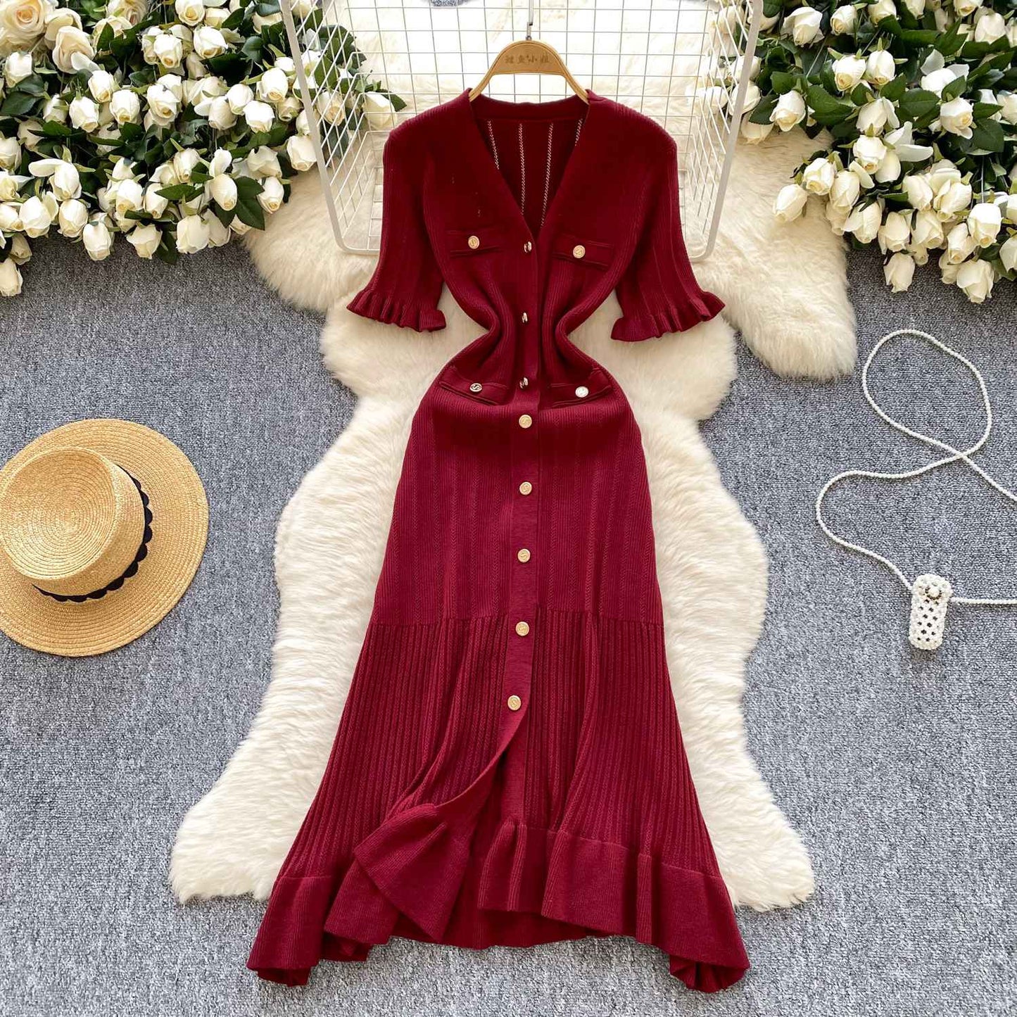SINGREINY Summer OL Knit Dress 2025 Women V Neck Button Design Slim Mermaid Sund