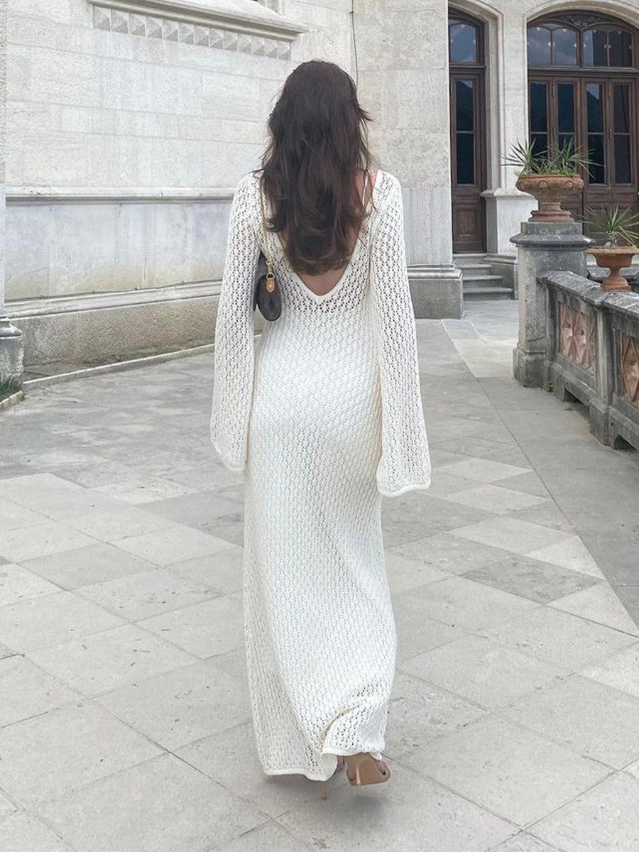 Sexy Women White Long Knit Sleeve Bikin Fashion Cover up Female See-Through Deep