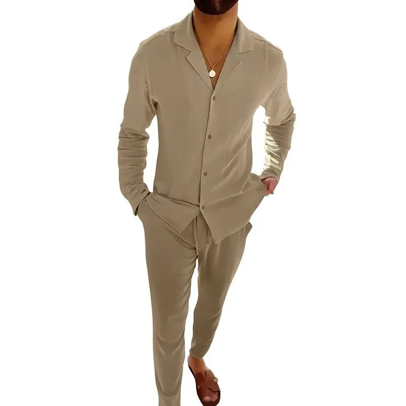 All Match Men's Tracksuit Fashion Solid 2024 Two Piece Slim Suit Autumn New Long Sleeve Button Shirts Top&Drawstring Pants Set