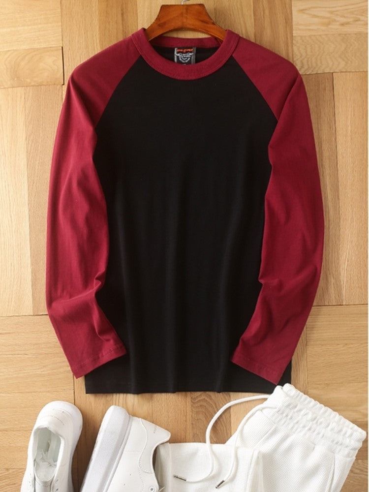 Summer New American Retro Raglan Long-sleeved O-neck Montage T-shirt Men's Fashion Simple 100%Cotton Washed Casual Sport Tops