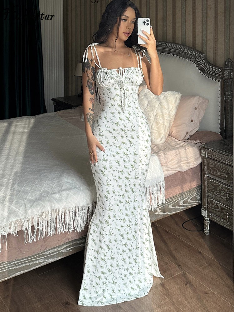 Hugcitar Floral Print Sleeveless Backless Slips Lace Up Maxi Dress Sexy Bodycon