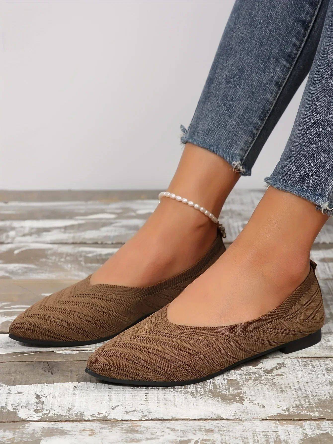 New 2024 Pointed Toe Flat Office Boat Solid Color Knitted Slip on Shoes Casual Ballet Flats Shoes Women Loafers Zapatos De Mujer